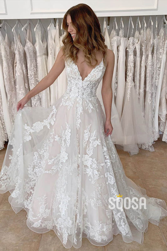 A-line V-neck Unique Appliques Lace Wedding Dress QW2297|SQOSA