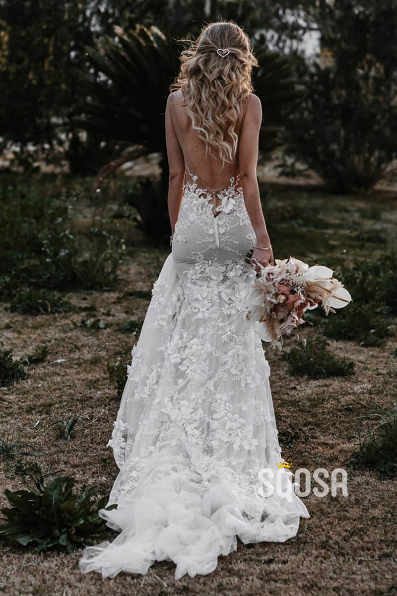 Mermaid Wedding Dress Attractive V-neck Appliques Bohemian Wedding Dress QW2319|SQOSA