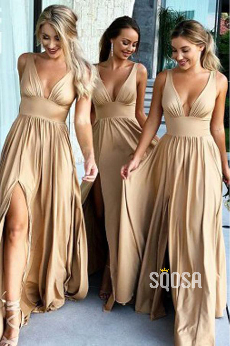 Plunging V-neck Side Slit A-line Long Bridesmaid Dresses QB2121|SQOSA