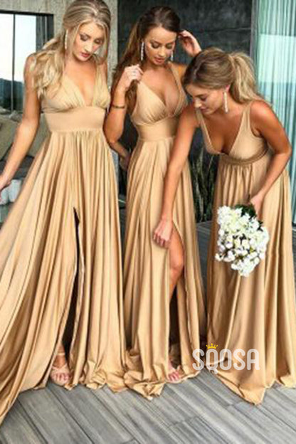 Plunging V-neck Side Slit A-line Long Bridesmaid Dresses QB2121|SQOSA