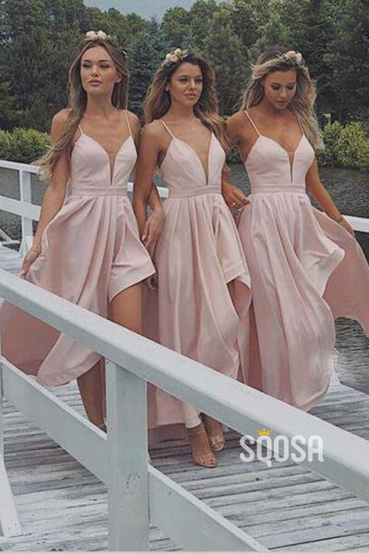 Women's Spaghetti Straps V-neck High Split Pink Bridesmaid Dress QB2124|SQOSA