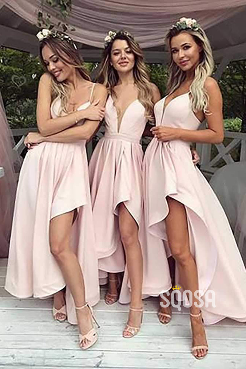 Women's Spaghetti Straps V-neck High Split Pink Bridesmaid Dress QB2124|SQOSA