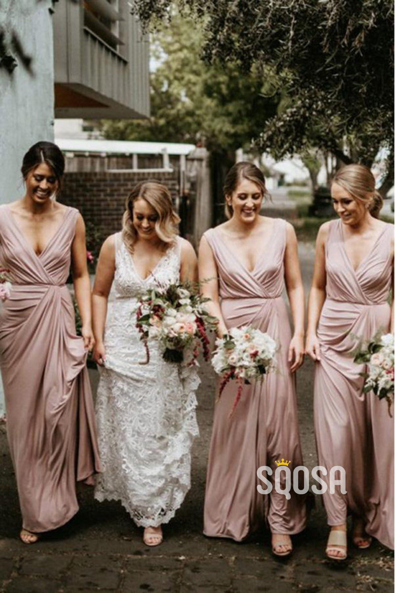 A-line V-neck Chiffon Pleats Long Bridesmaid Dress QB2129|SQOSA