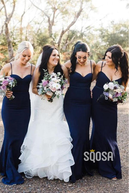 Women's Spaghetti Straps Navy Mermaid Bridesmaid Dress QB2130|SQOSA