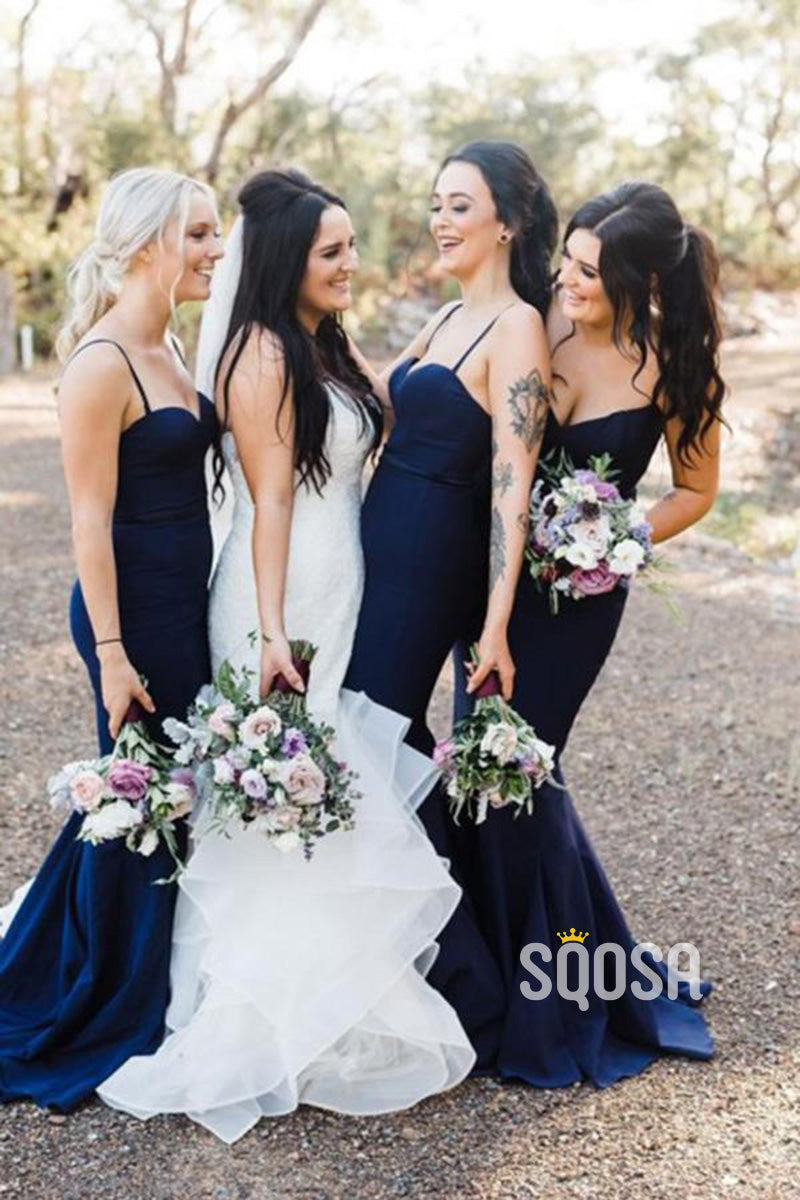 Women's Spaghetti Straps Navy Mermaid Bridesmaid Dress QB2130|SQOSA