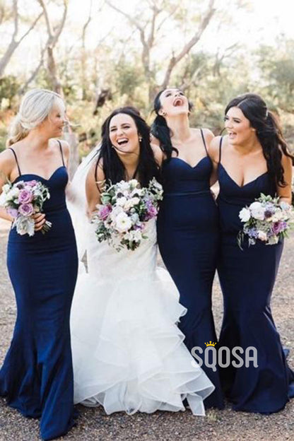 Women's Spaghetti Straps Navy Mermaid Bridesmaid Dress QB2130|SQOSA