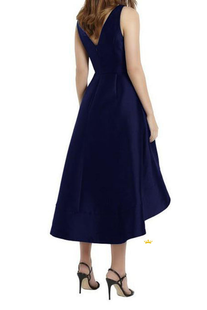 A-line V-neck Navy Satin Short Bridesmaid Dress QB2132|SQOSA