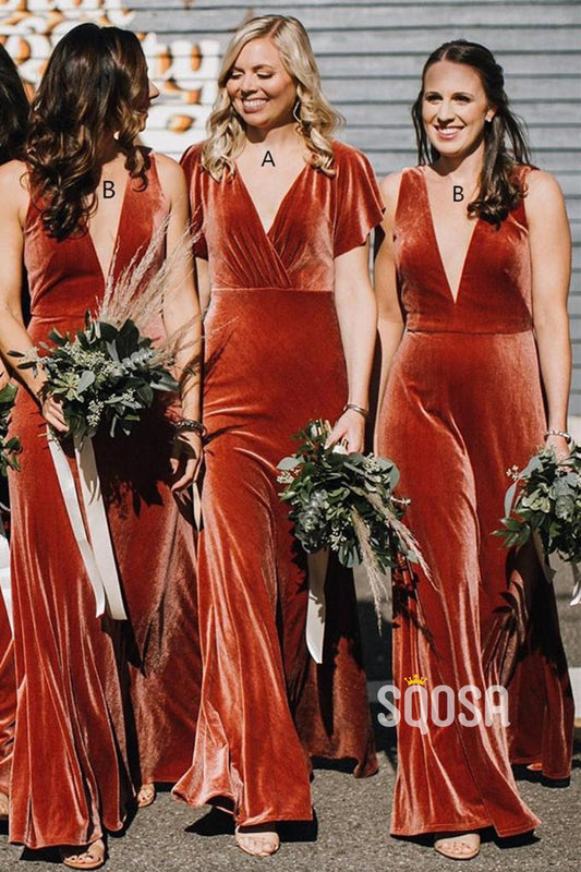 Plunging V-neck Velvet Long Bridesmaid Dress QB2136|SQOSA