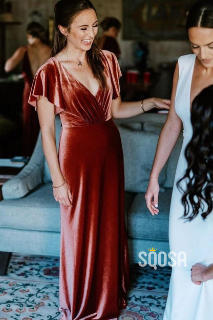 Plunging V-neck Velvet Long Bridesmaid Dress QB2136|SQOSA