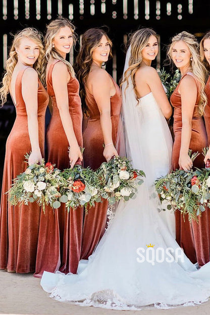 Plunging V-neck Velvet Long Bridesmaid Dress QB2136|SQOSA