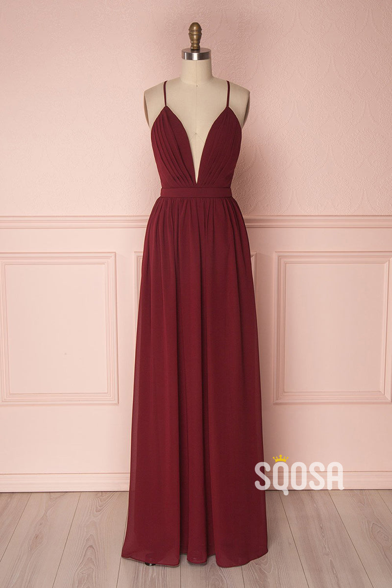 Women's Spaghetti Straps V-neck Chiffon Long Bridesmaid Dress QB2138|SQOSA