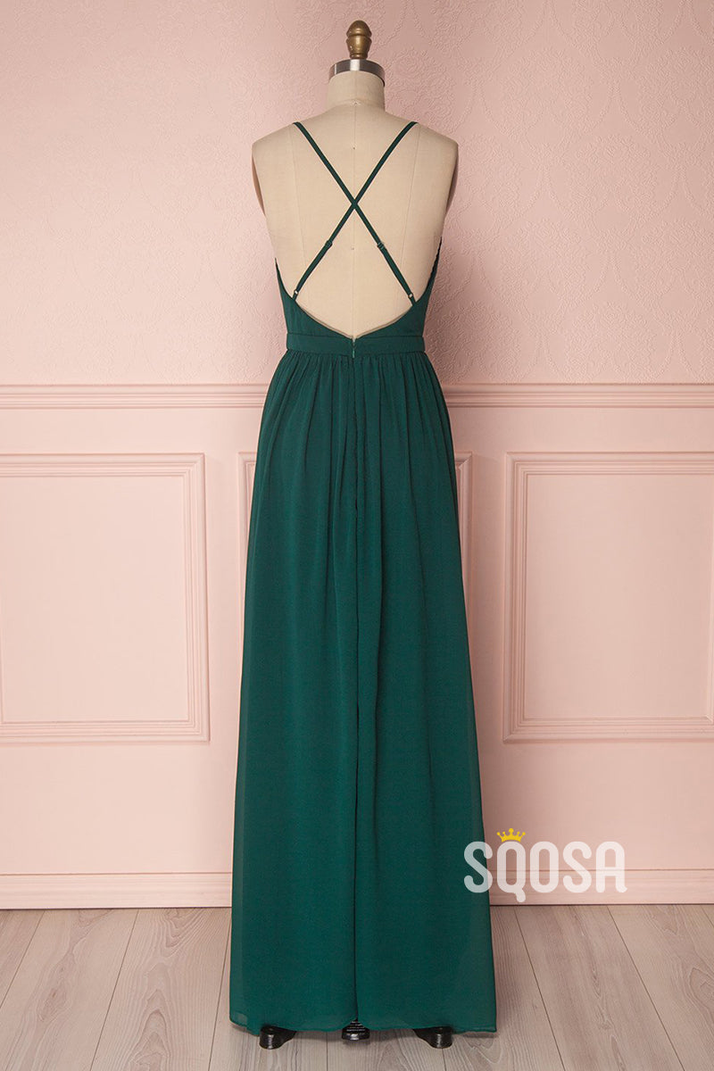 Women's Spaghetti Straps V-neck Chiffon Long Bridesmaid Dress QB2138|SQOSA