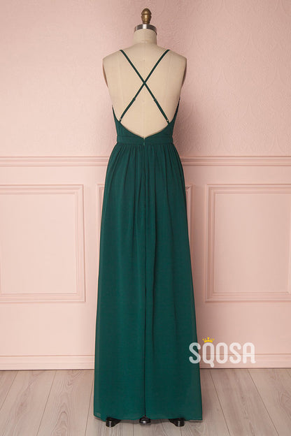 Women's Spaghetti Straps V-neck Chiffon Long Bridesmaid Dress QB2138|SQOSA