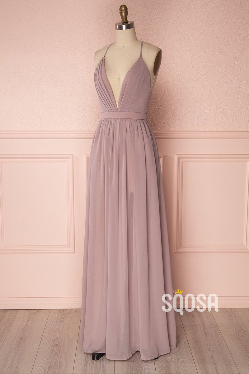 Women's Spaghetti Straps V-neck Chiffon Long Bridesmaid Dress QB2138|SQOSA