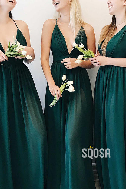 Women's Spaghetti Straps V-neck Chiffon Long Bridesmaid Dress QB2138|SQOSA