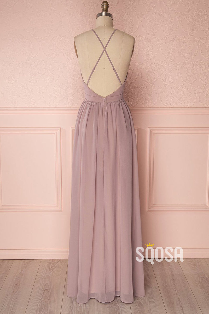 Women's Spaghetti Straps V-neck Chiffon Long Bridesmaid Dress QB2138|SQOSA