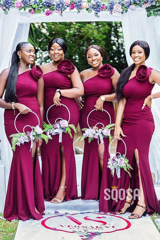 Unique One Shoulder Side Split Burgundy Bridesmaid Dress for Black QB3022|SQOSA