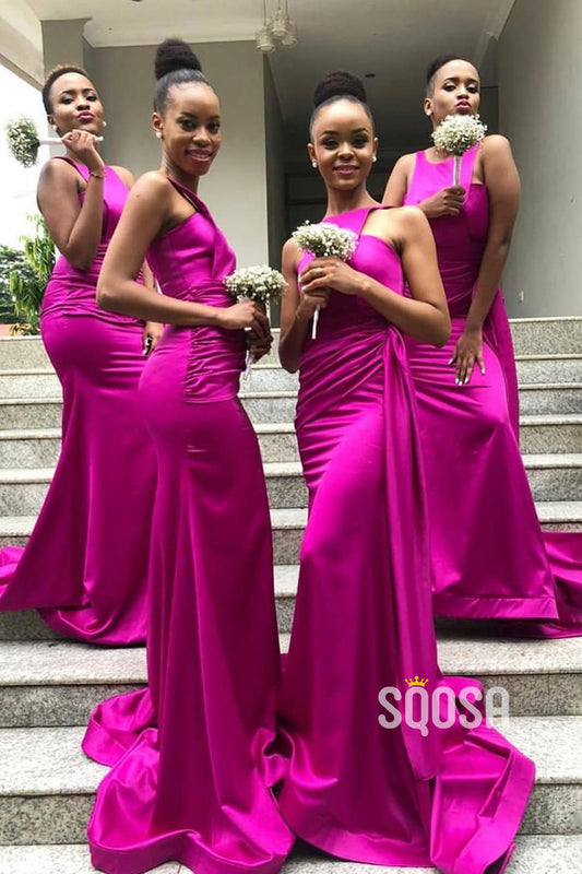 Unique Bateau Fuchsia Satin Long Black Bridesmaid Dress QB3031|SQOSA