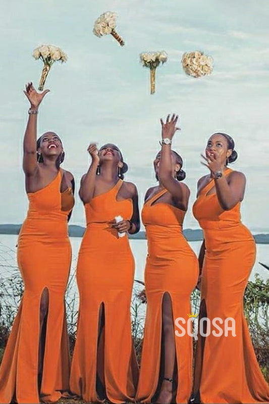 One Shoulder Orange Long Black Bridesmaid Dress with Slit QB3032|SQOSA