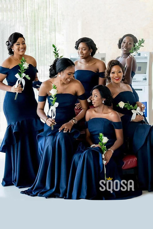 Off the Shoulder Plus Size Black Bridesmaid Dress QB3035|SQOSA