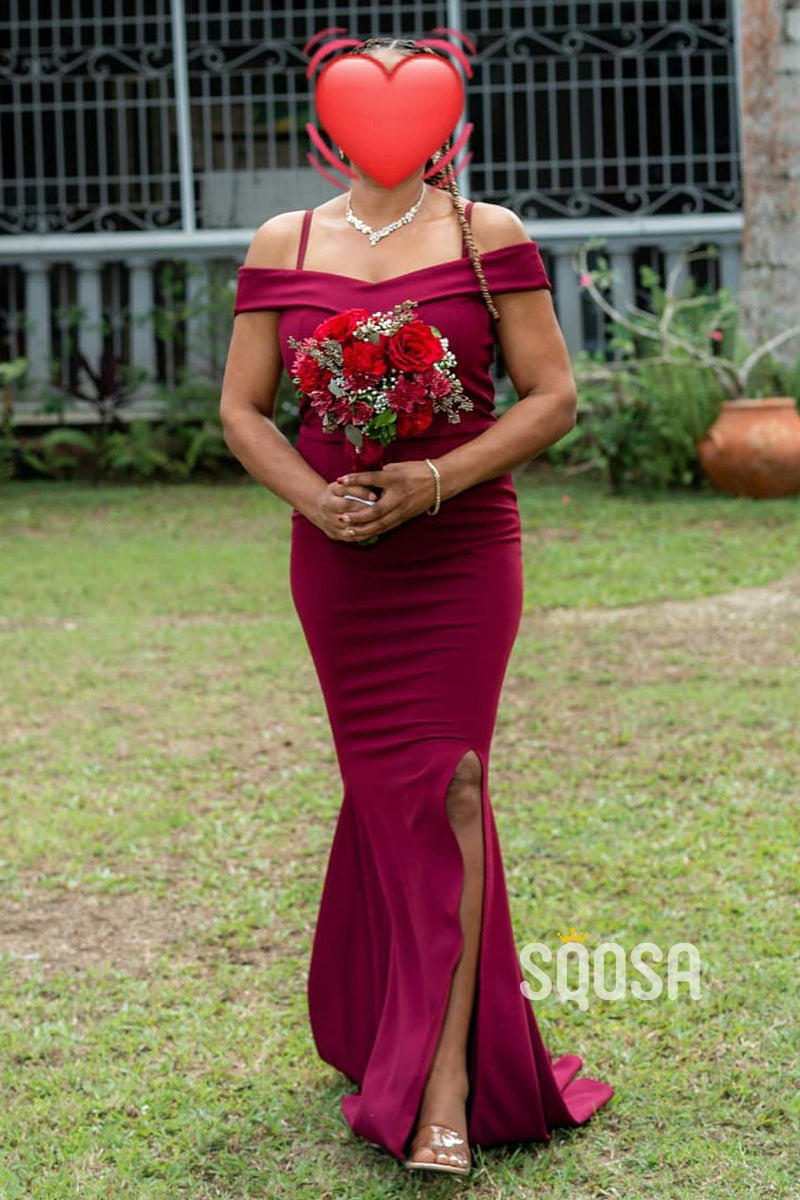 Spaghetti Straps Split Burgundy Bridesmaid Dress for Black Girls QB3043|SQOSA