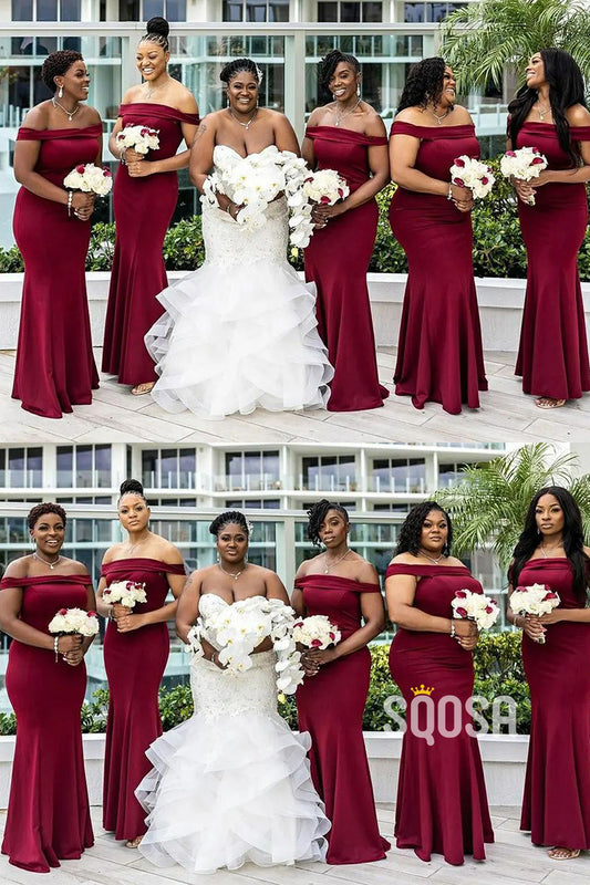 Off the Shoulder Burgundy Black Bridemaid Dress QB3045|SQOSA