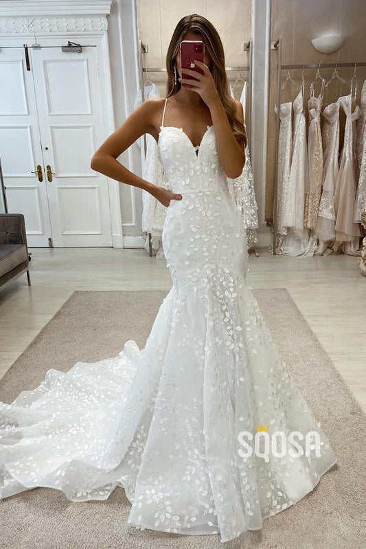 Allover Lace Wedding Dress Spaghetti Straps Mermaid Bridal Gown QW2562