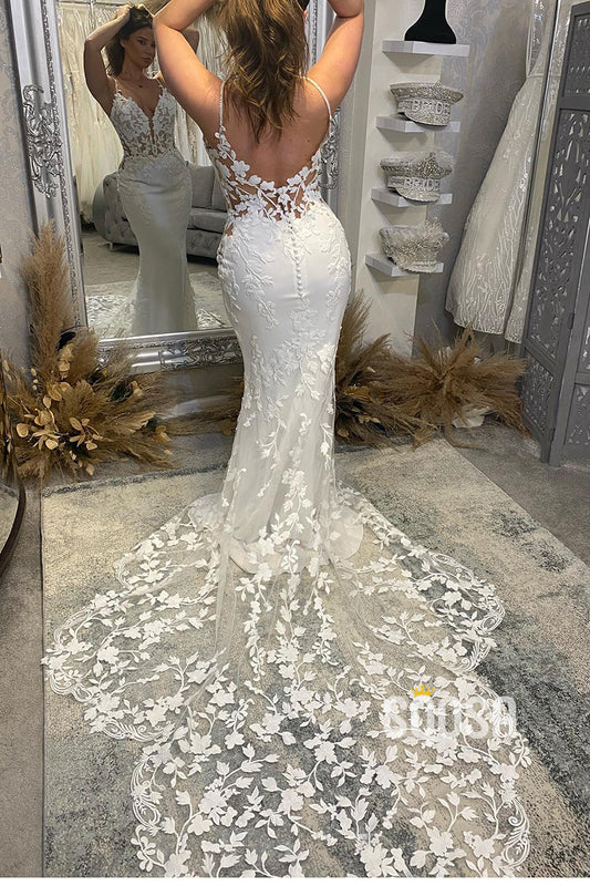 Attractive V-Neck Allover Lace Wedding Dress Mermaid Bridal Gown QW2564