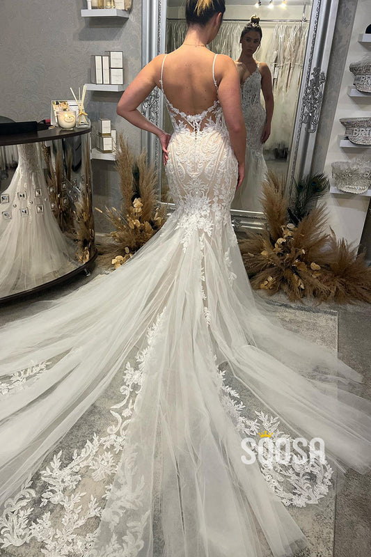 Spaghetti Straps V-Neck Lace Appliques Mermaid Wedding Dress QW2572