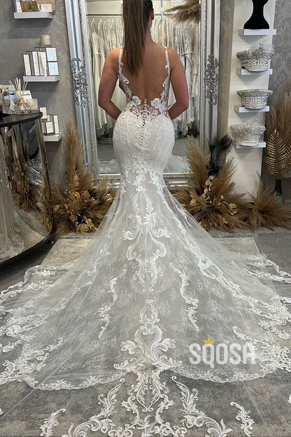 Attractive V-Neck Lace Appliques Mermaid Wedding Dress Bridal Gown QW2578