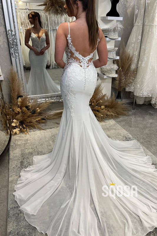 Spaghetti Straps Lace Appliques Mermaid Wedding Dress QW2597