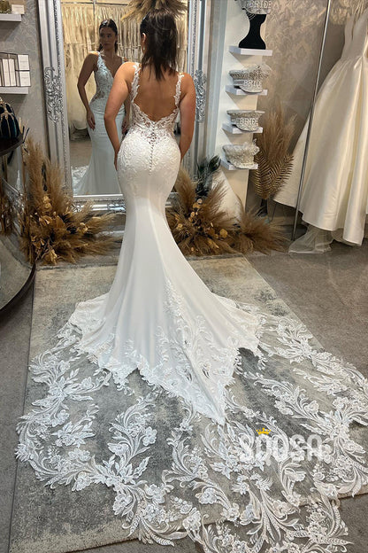 Attractive V-Neck Lace Appliques Mermaid Wedding Dress Bridal Gown QW2620