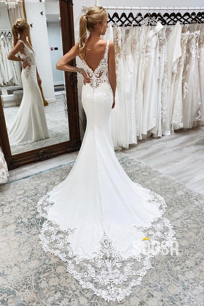 Attractive V-neck Lace Appliques Bohemian Wedding Dress QW2626