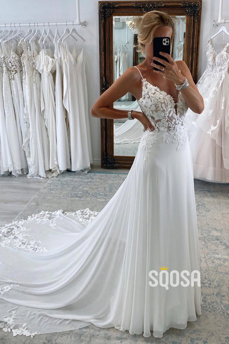 Plunging V-Neck Lace Appliques Bohemian Wedding Dress QW2627