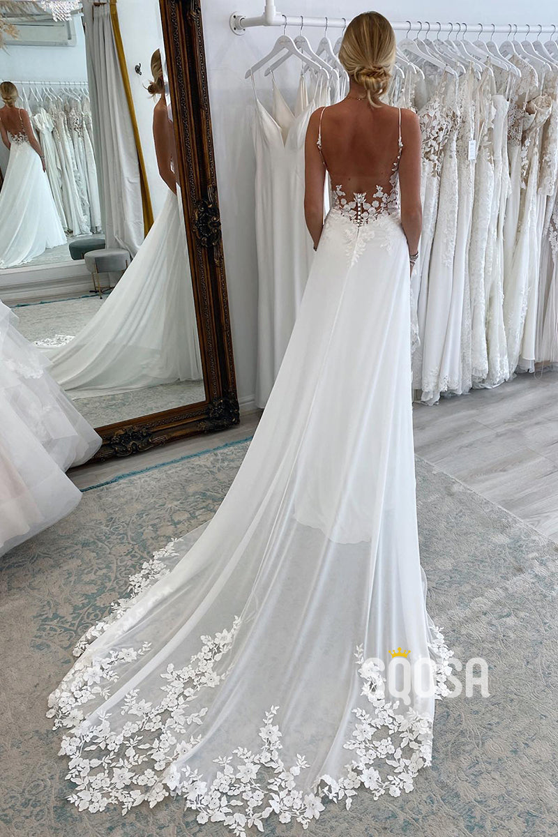 Plunging V-Neck Lace Appliques Bohemian Wedding Dress QW2627