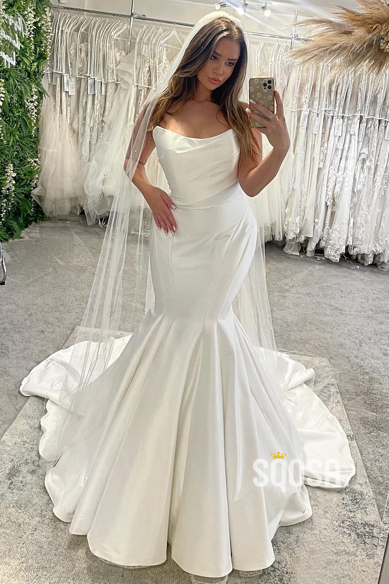 Strapless Ivory Satin Pleats Mermaid Wedding Dress QW2628