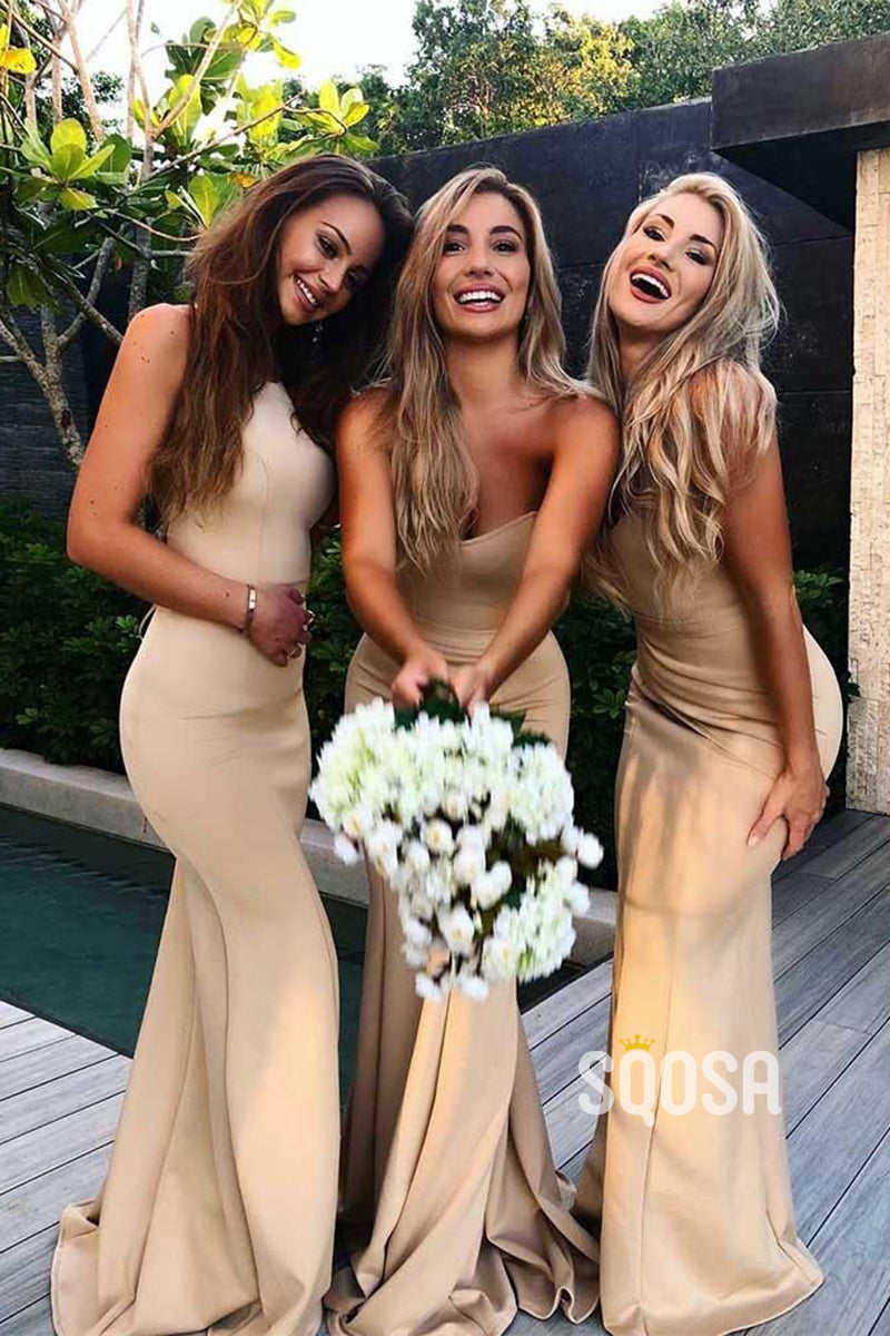 Sweetheart Champagne Satin Mermaid Bridesmaid Dress QB2100|SQOSA