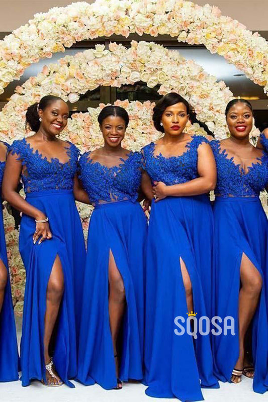 A-line Cap Sleeves Appliques Royal Blue Long Bridesmaid Dress with Slit QB2102|SQOSA