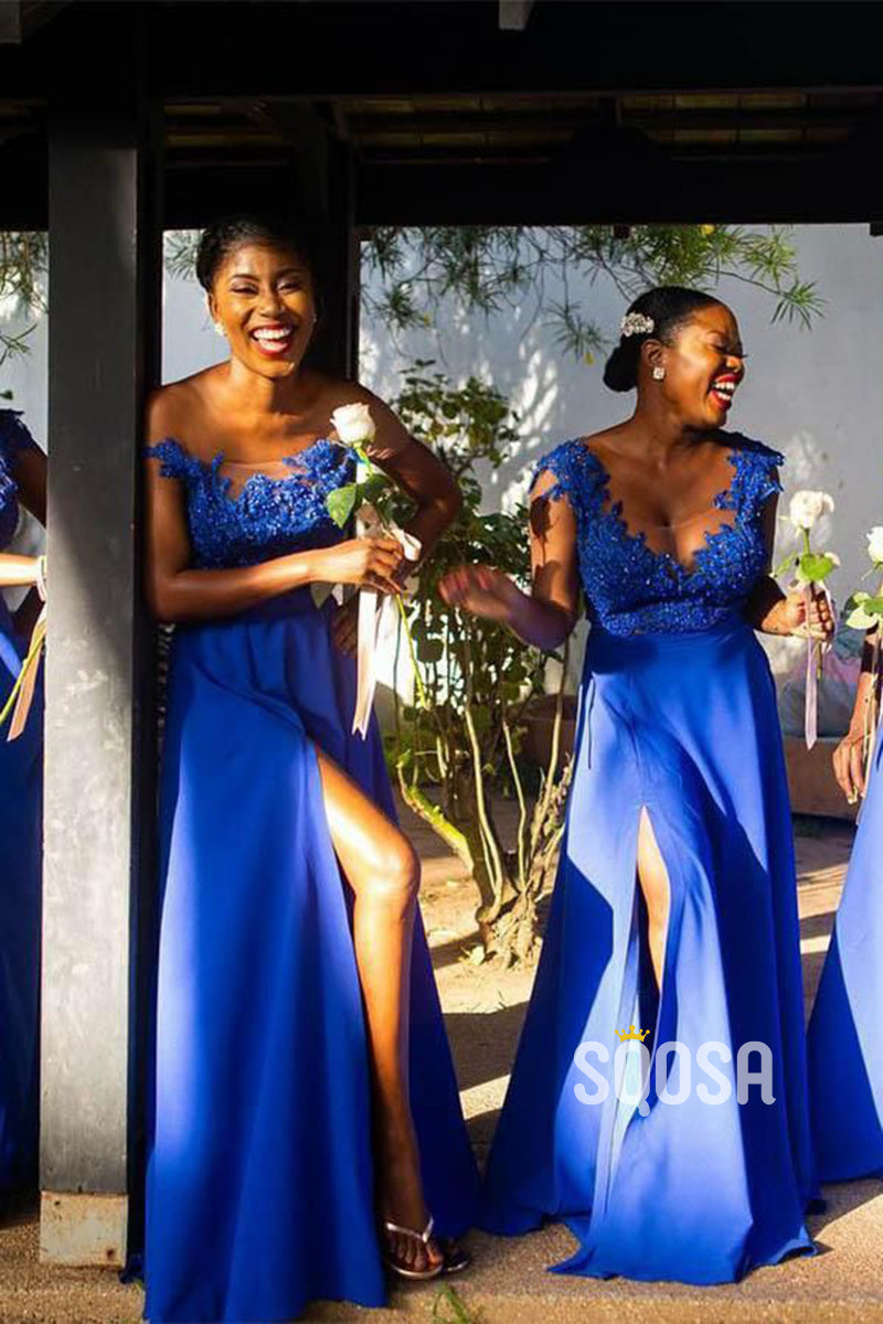 A-line Cap Sleeves Appliques Royal Blue Long Bridesmaid Dress with Slit QB2102|SQOSA