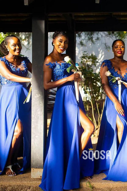 A-line Cap Sleeves Appliques Royal Blue Long Bridesmaid Dress with Slit QB2102|SQOSA