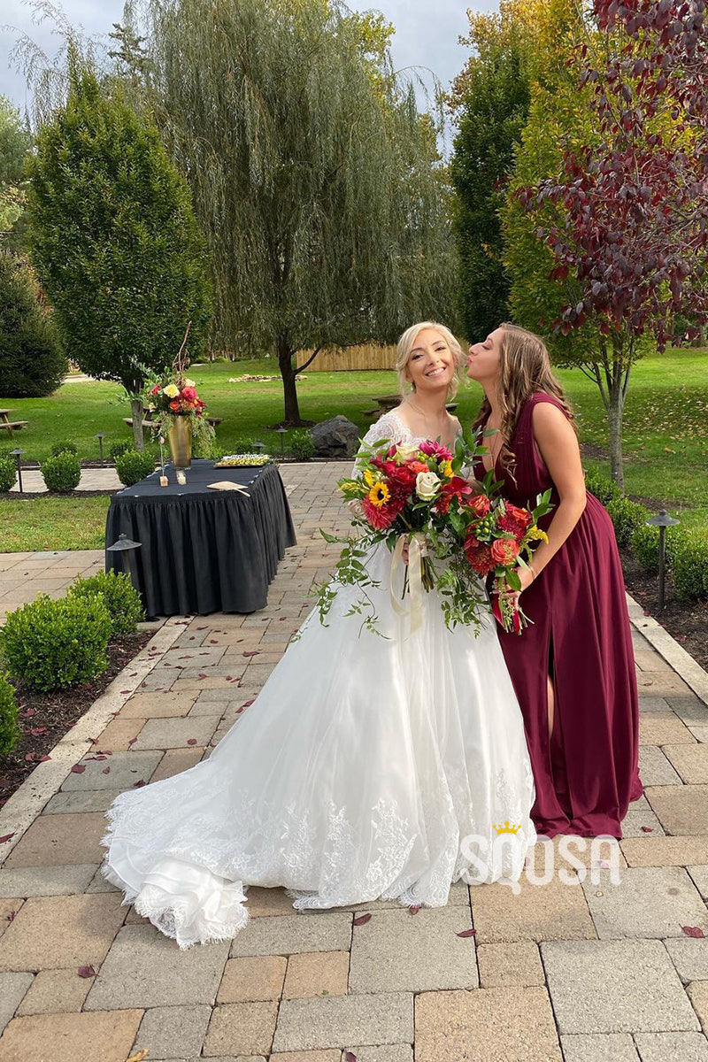 Deep V-neck Chiffon Long Burgundy Bridesmaid Dress QB2105|SQOSA