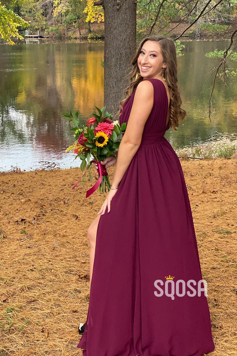 Deep V-neck Chiffon Long Burgundy Bridesmaid Dress QB2105|SQOSA