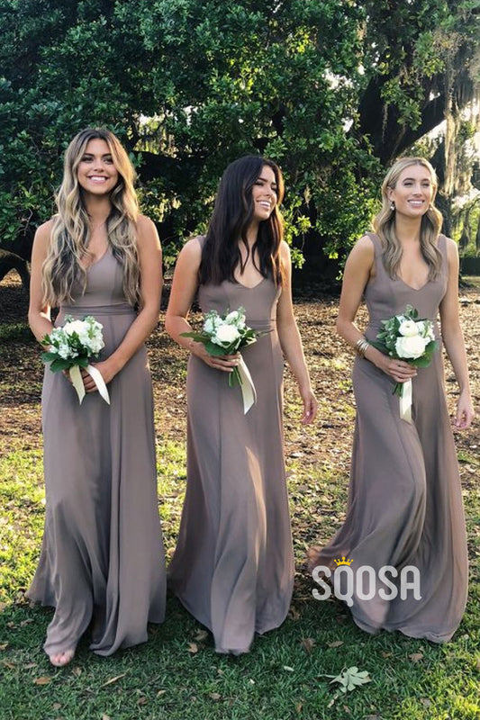 A-Line V-neck Chiffon Long Bridesmaid Dress QB2107|SQOSA