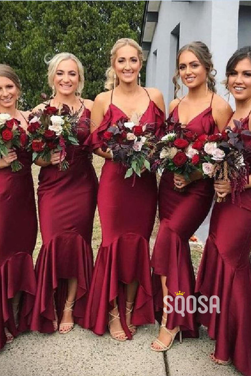 Spaghetti Straps High Low Mermaid Burgundy Bridesmaid Dress QB2109|SQOSA