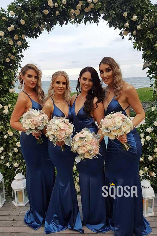 Plunging V-neck Navy Mermaid Bridesmaid Dress QB2111|SQOSA