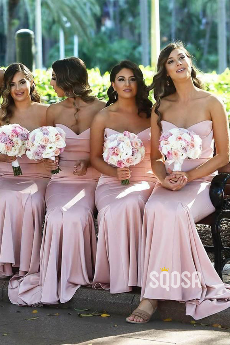 Sweetheart Pink Satin Mermaid Long Bridesmaid Dress QB2115|SQOSA