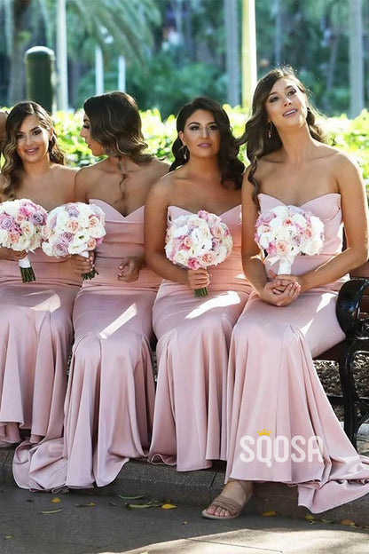 Sweetheart Pink Satin Mermaid Long Bridesmaid Dress QB2115|SQOSA