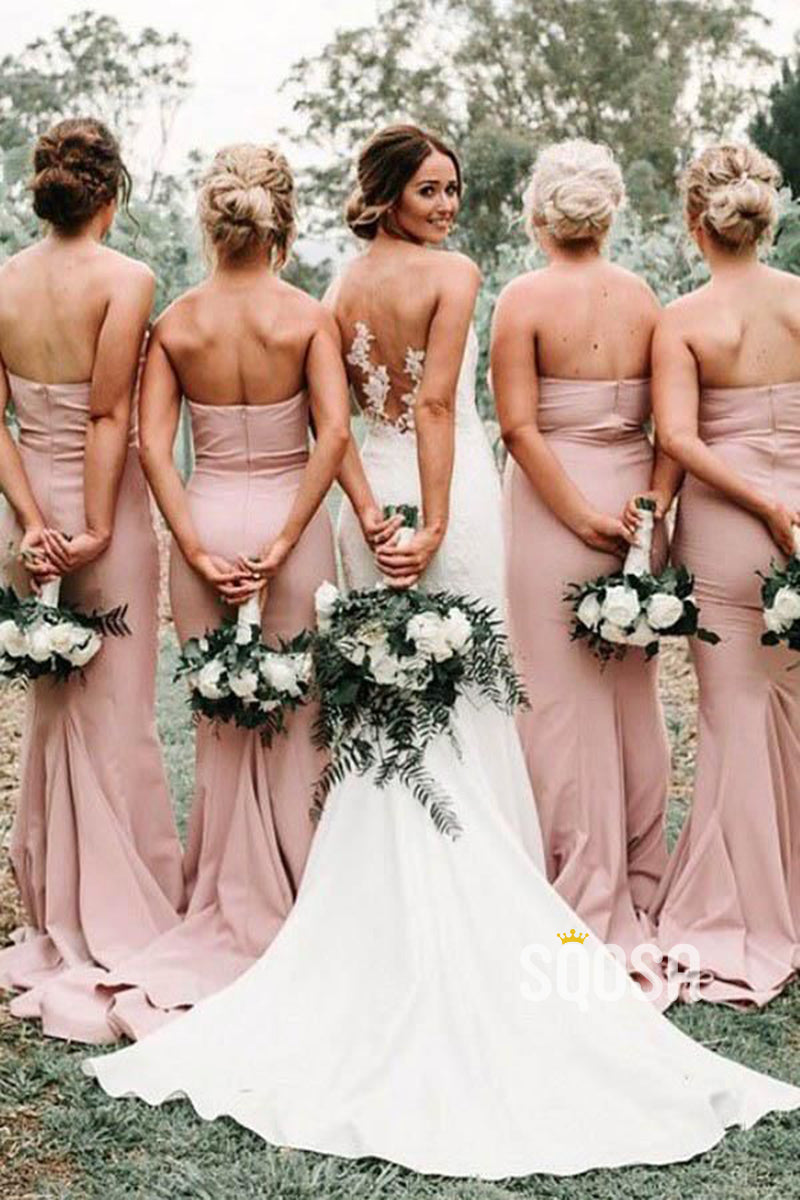 Sweetheart Pink Satin Mermaid Long Bridesmaid Dress QB2115|SQOSA