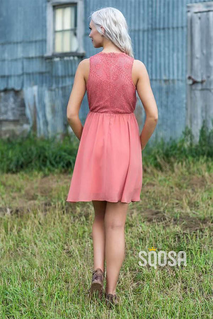 A-line V-neck Lace Top Coral Short Bridesmaid Dress QB2117|SQOSA