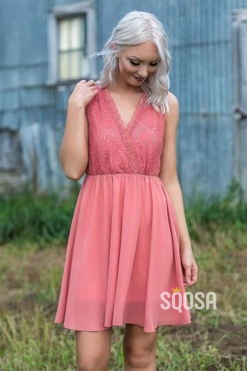 A-line V-neck Lace Top Coral Short Bridesmaid Dress QB2117|SQOSA